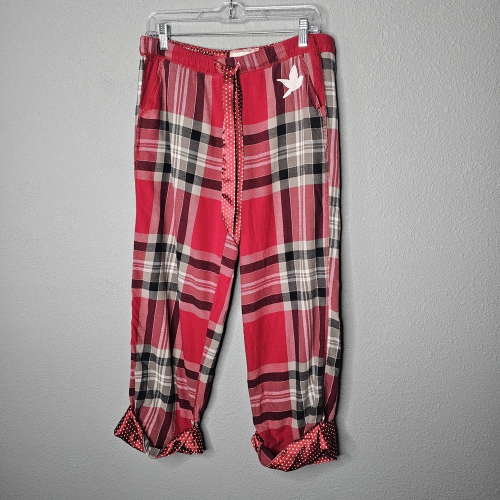 Aerie Womens Red Plaid Pajama Pants Polka Dot Trim Button Tab Cuffs Small Bird - Picture 1 of 11